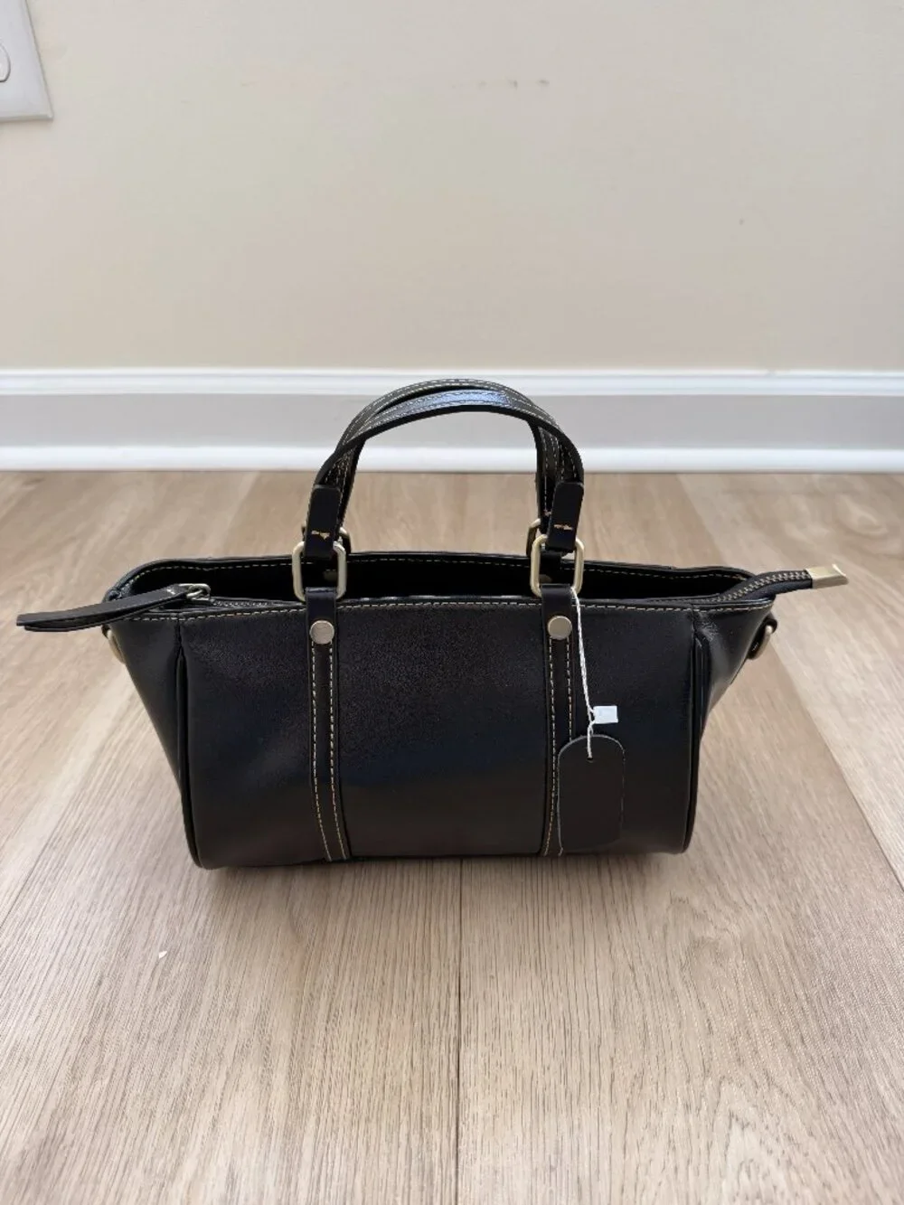 New Black Structured Mini Satchel Handbag Top Handle Purse Classic Chic